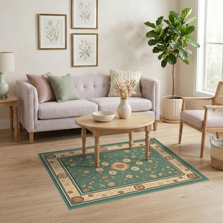 Teal Floral Vintage Area Rug with Cream Border