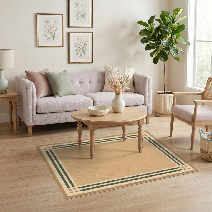 Beige and Neutral Tan Geometric Border Area Rug