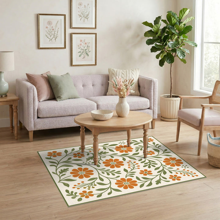 Orange Floral Vintage Area Rug
