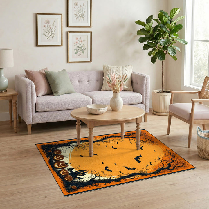 Orange Halloween Pumpkins and Bats Area Rug