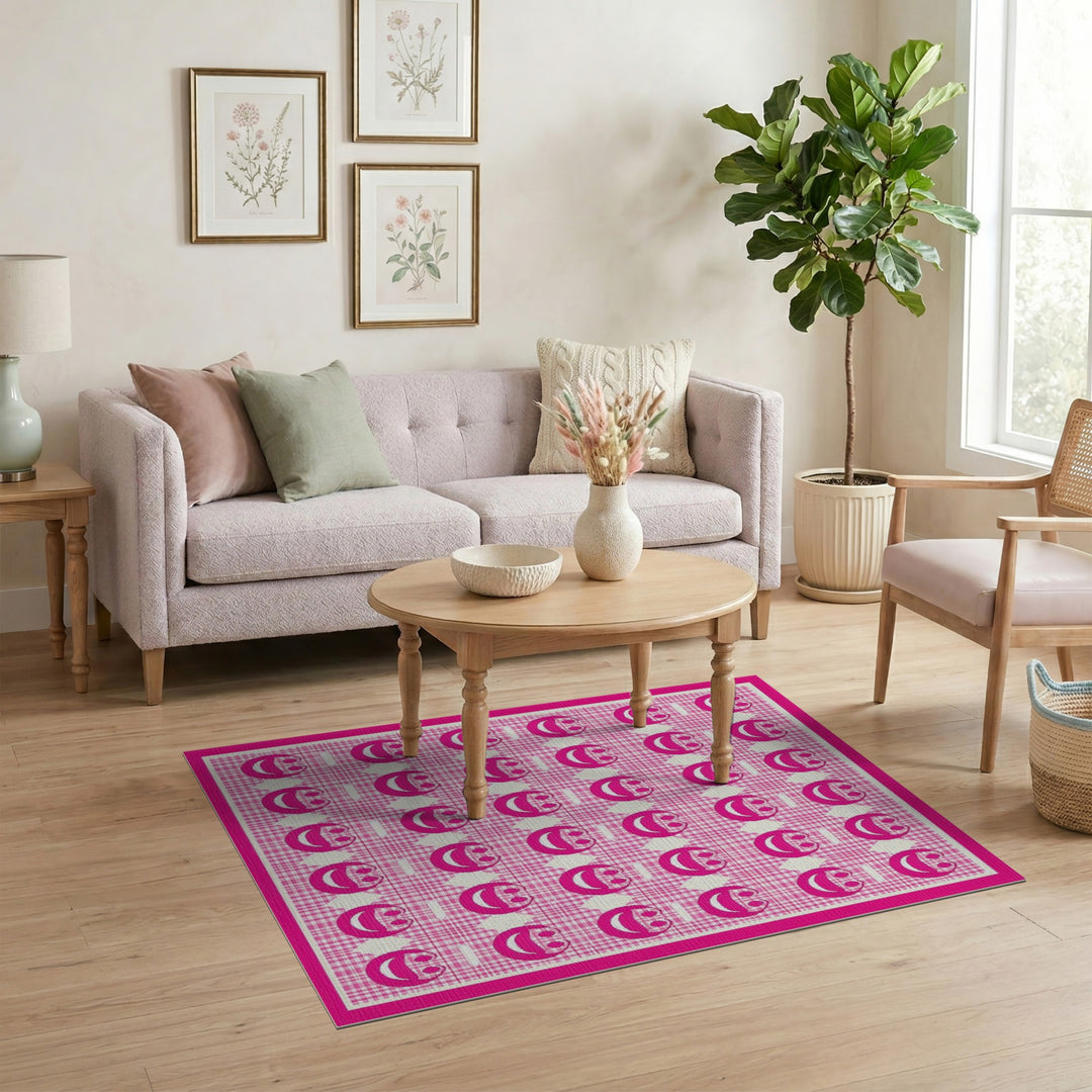 Pink Smiley Face Gingham Kids Area Rug