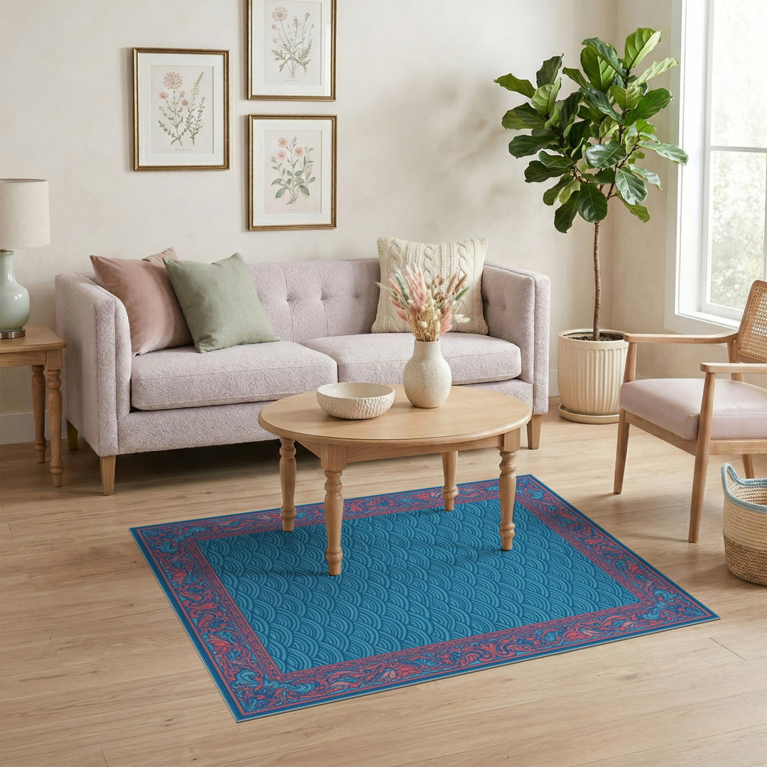 Blue Wave Floral Border Area Rug