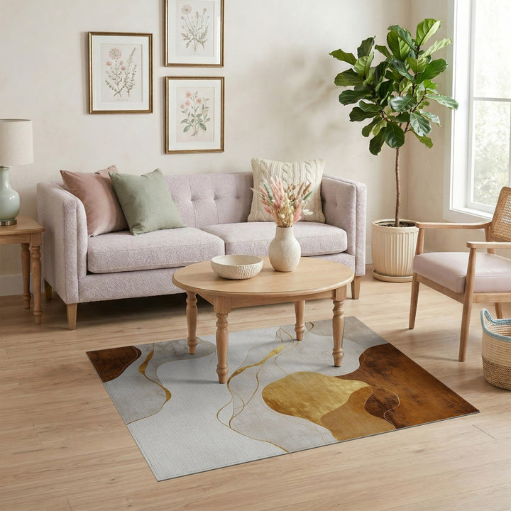 Abstract Beige Gold Flow Area Rug