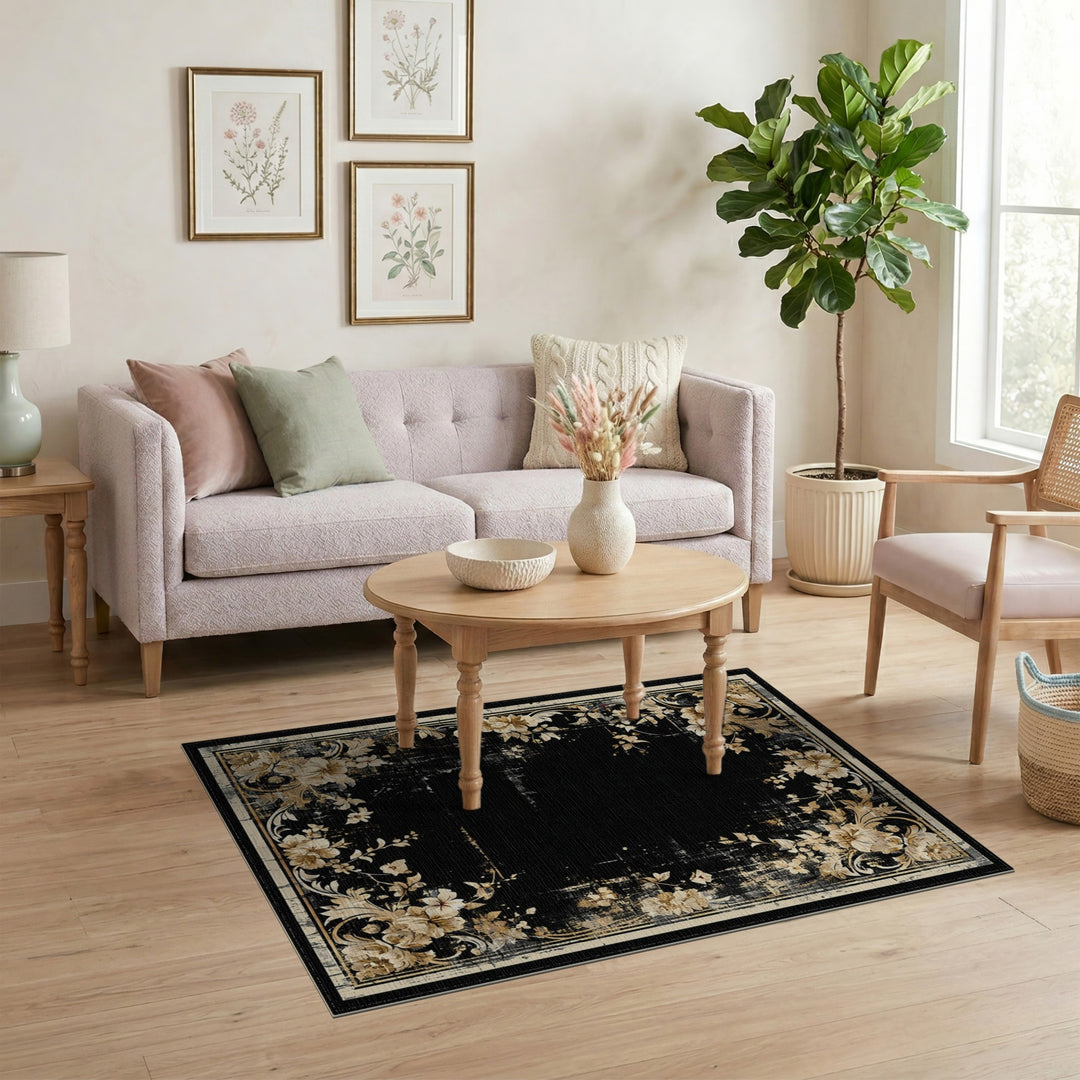 Distressed Floral Black Area Rug