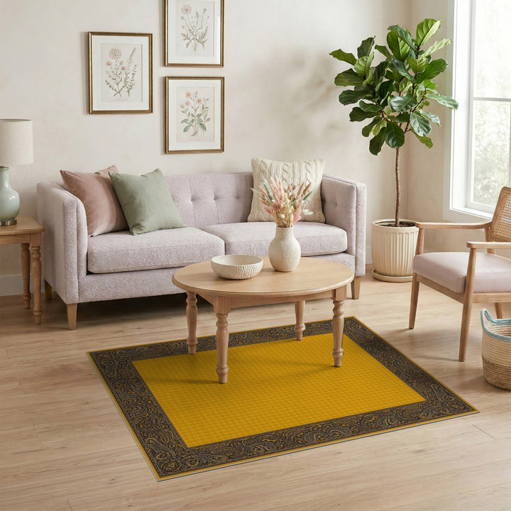 Yellow Paisley Border Traditional Rug