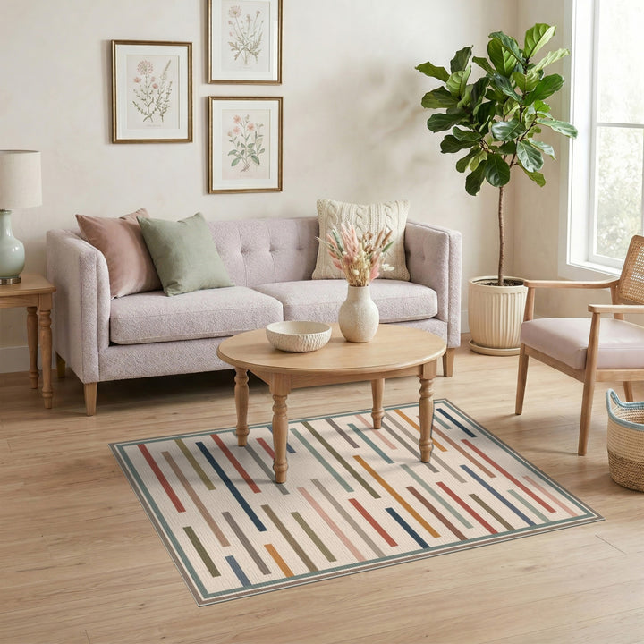 Beige Geometric Striped Geometric Modern Area Rug