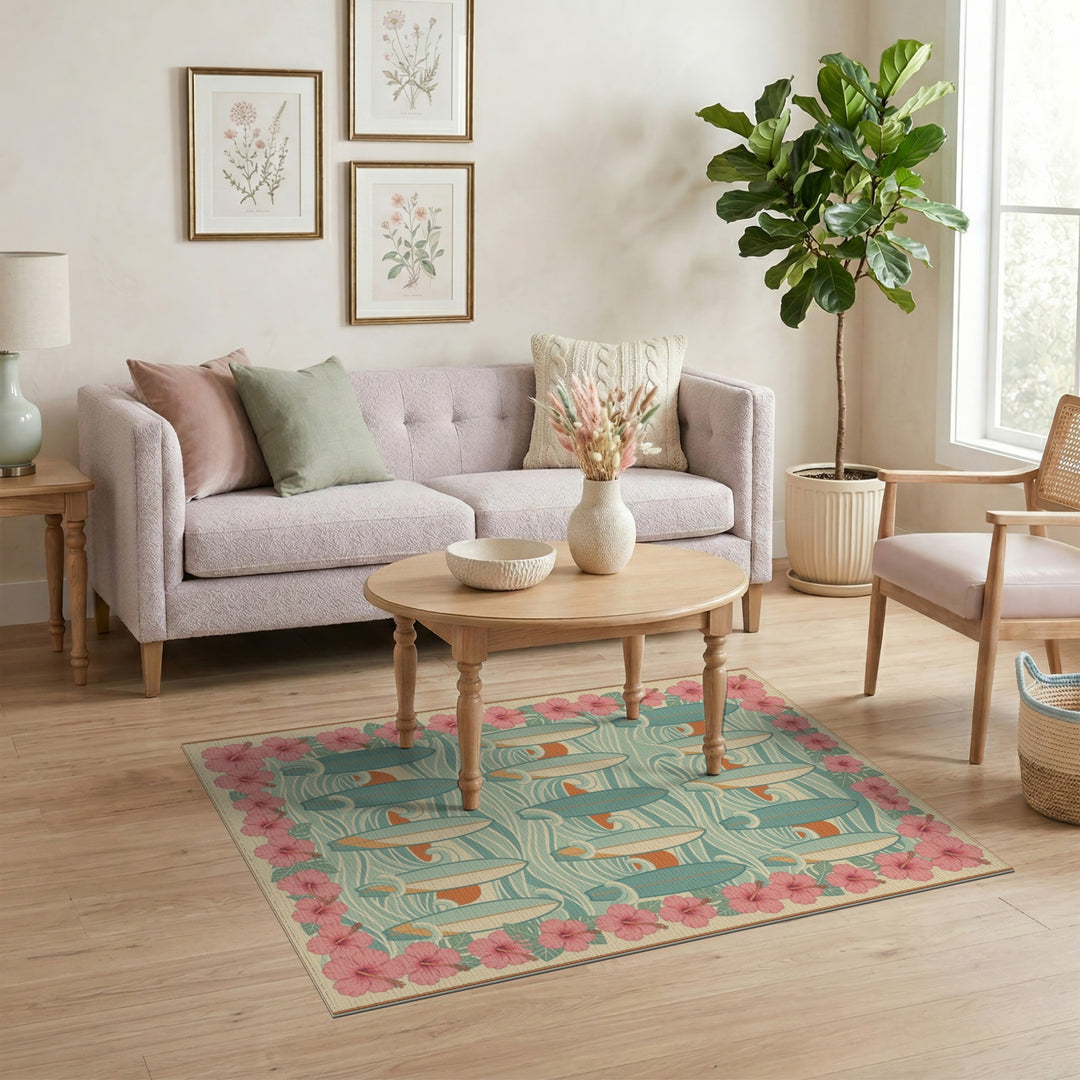 Surfboard Wave Hibiscus Coastal Area Rug