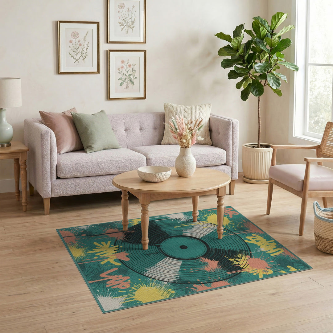 Teal Vinyl Record Graffiti Washable Area Rug