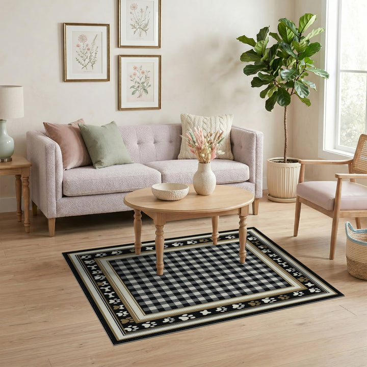 Black White Checkered Paw Print Area Rug