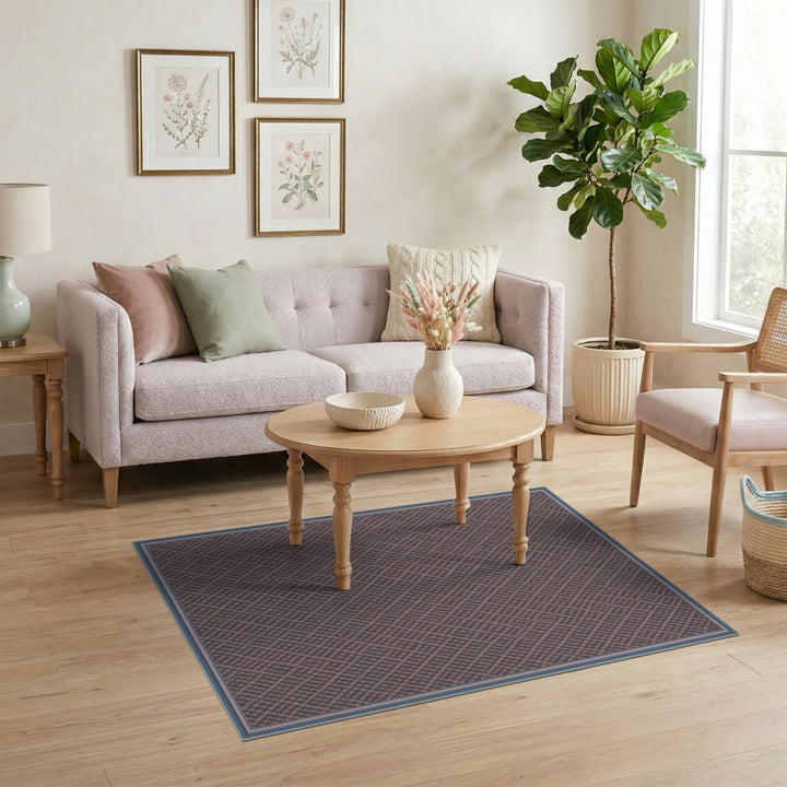 Blue Border Pink Geometric Lattice Rug