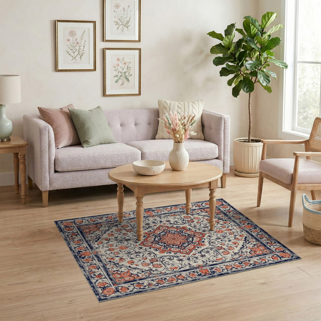 Red Floral Medallion Distressed Area Rug