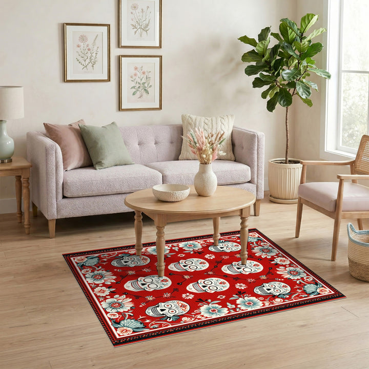 Red Floral Sugar Skull Area Rug