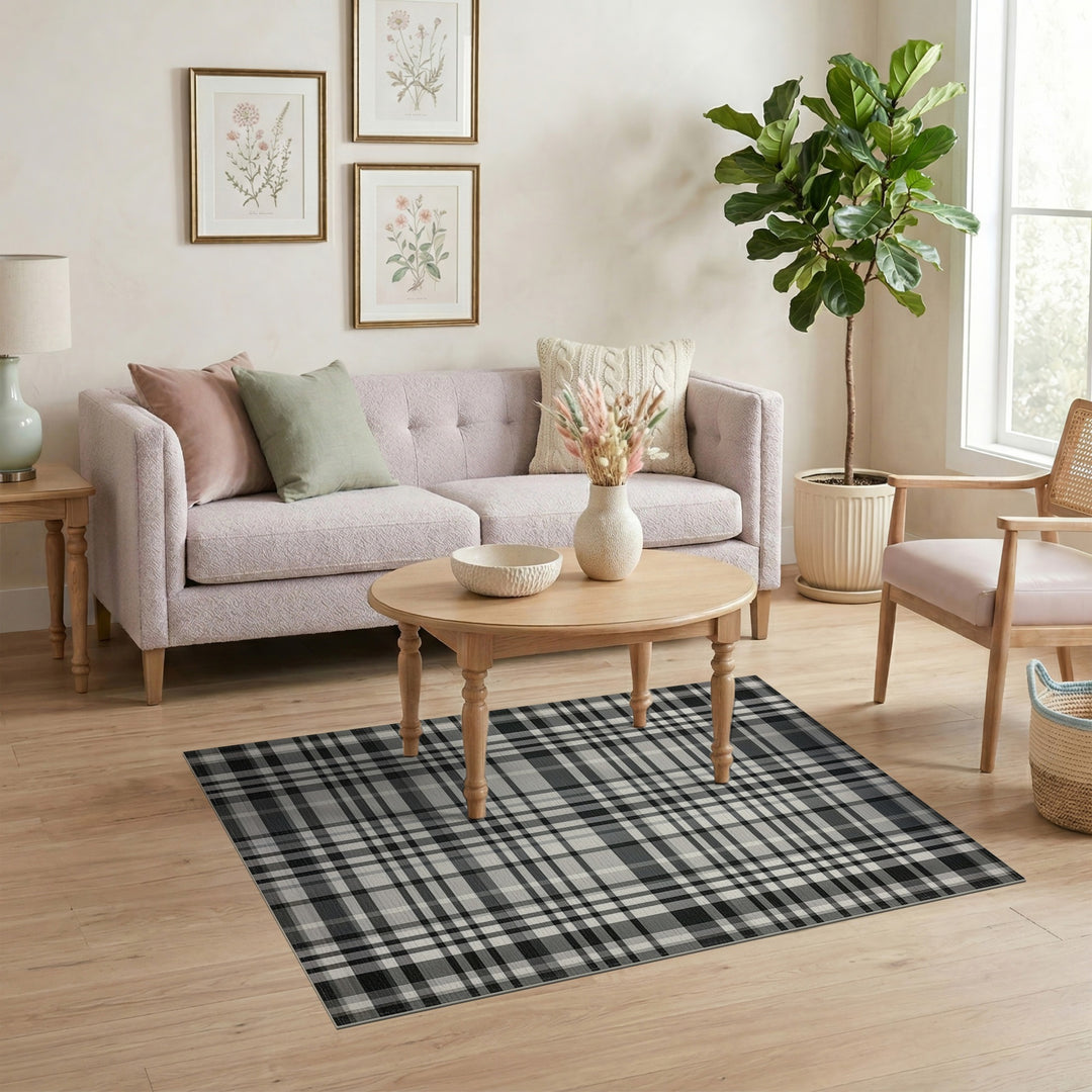 Black and White Black White Plaid Washable Area Rug