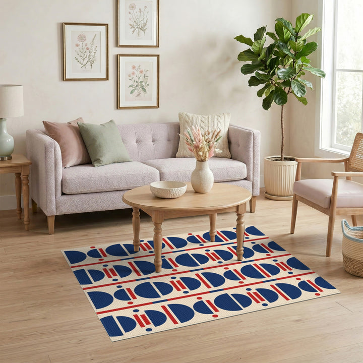 Navy Blue Red Geometric Area Rug