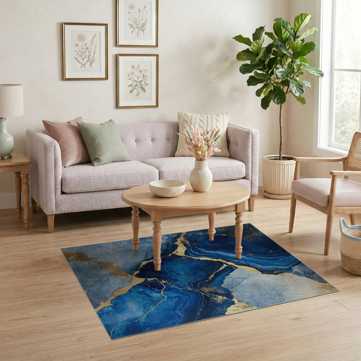 Blue Gold Abstract Marble Area Rug