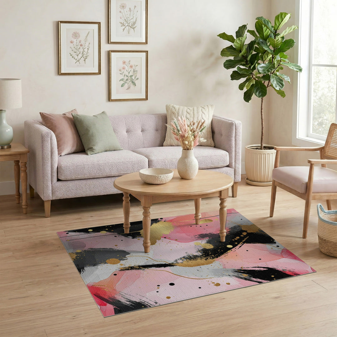 Pink Abstract Gold Splatter Area Rug