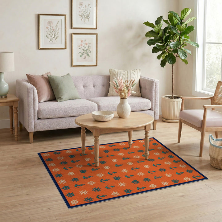 Orange Nautical Anchor and Wheel Area Rug