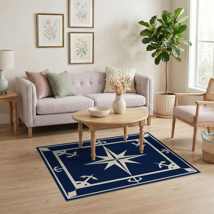 Navy Blue Nautical Compass Anchor Area Rug