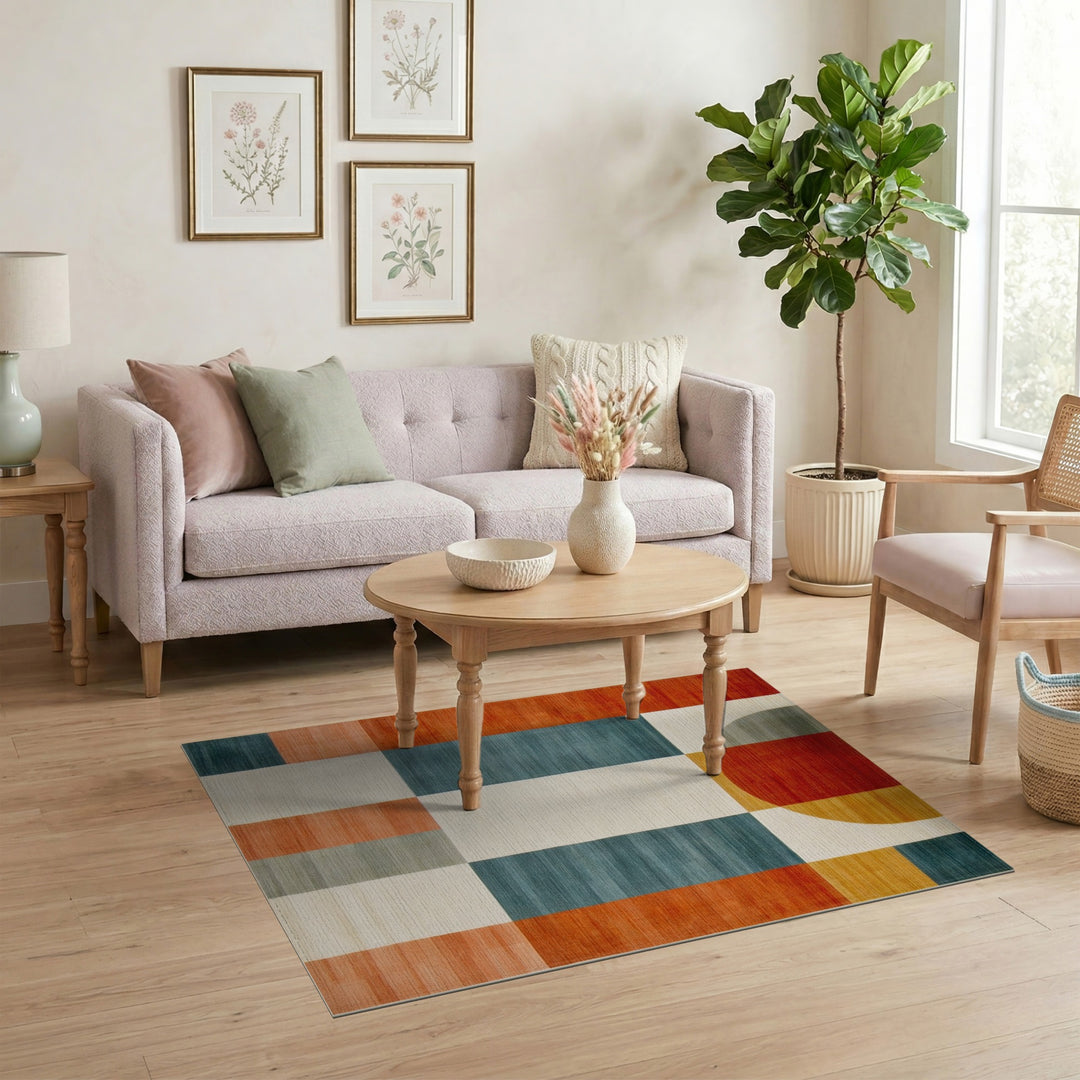 Bold Geometric Area Rug with Red Circle Motif