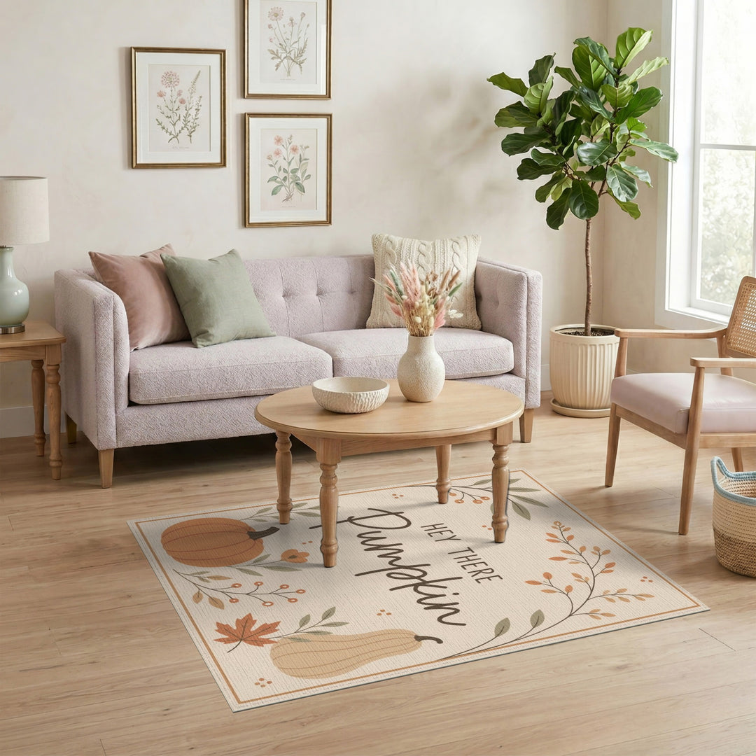 Beige and Neutral Rustic Farmhouse Hey There Pumpkin Beige Area Rug