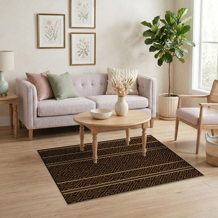 Black and Gold Geometric Maze Area Rug