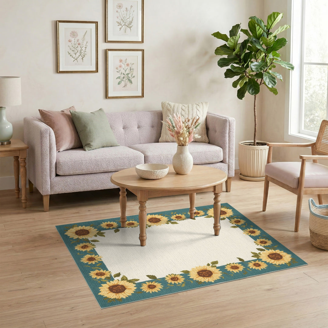 Sunflower Teal Border Area Rug