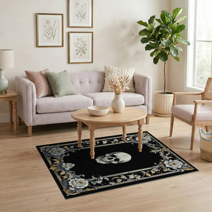 Black and White Black White Skull Rose Ornate Area Rug