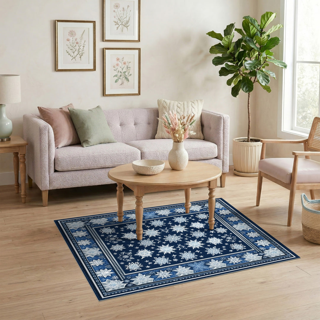 Geometric Modern Navy Blue Snowflake Geometric Area Rug
