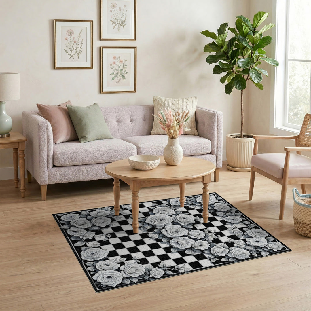 Black White Rose Checkerboard Area Rug