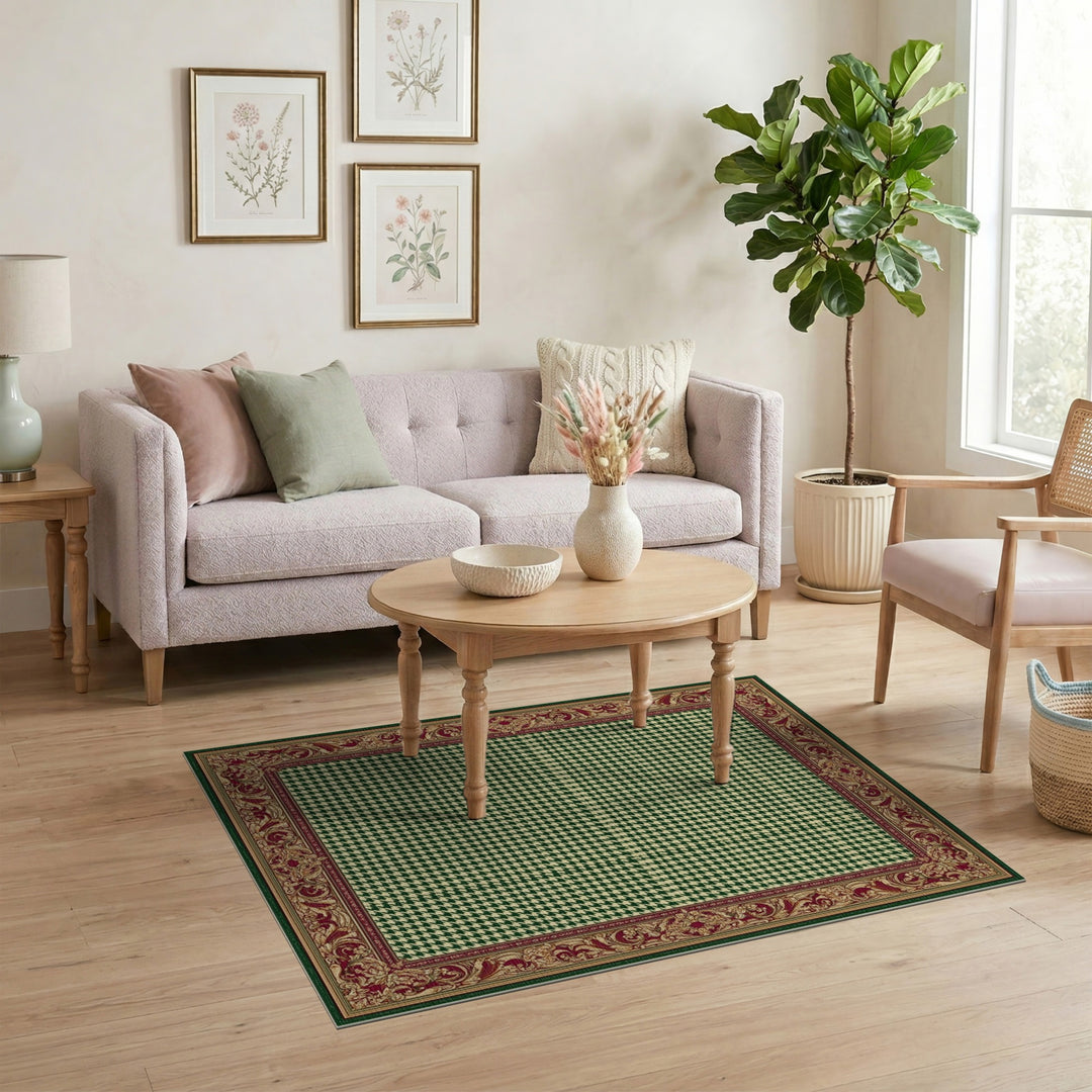 Green Houndstooth Area Rug with Ornate Border