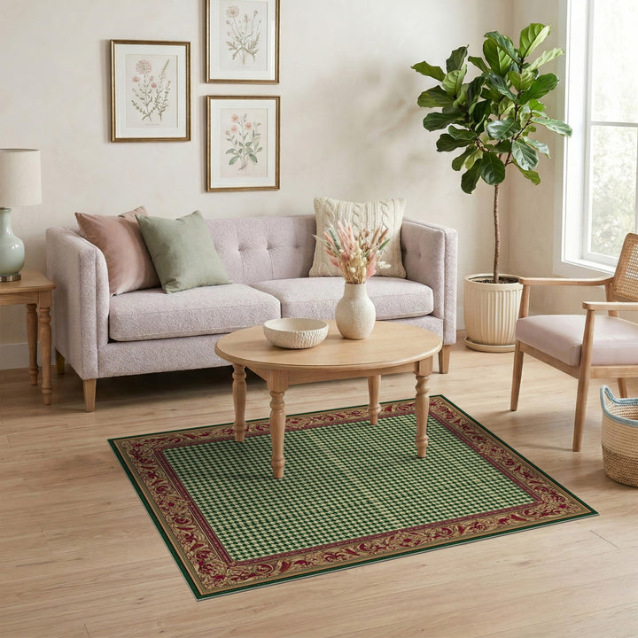 Green Houndstooth Area Rug with Ornate Border