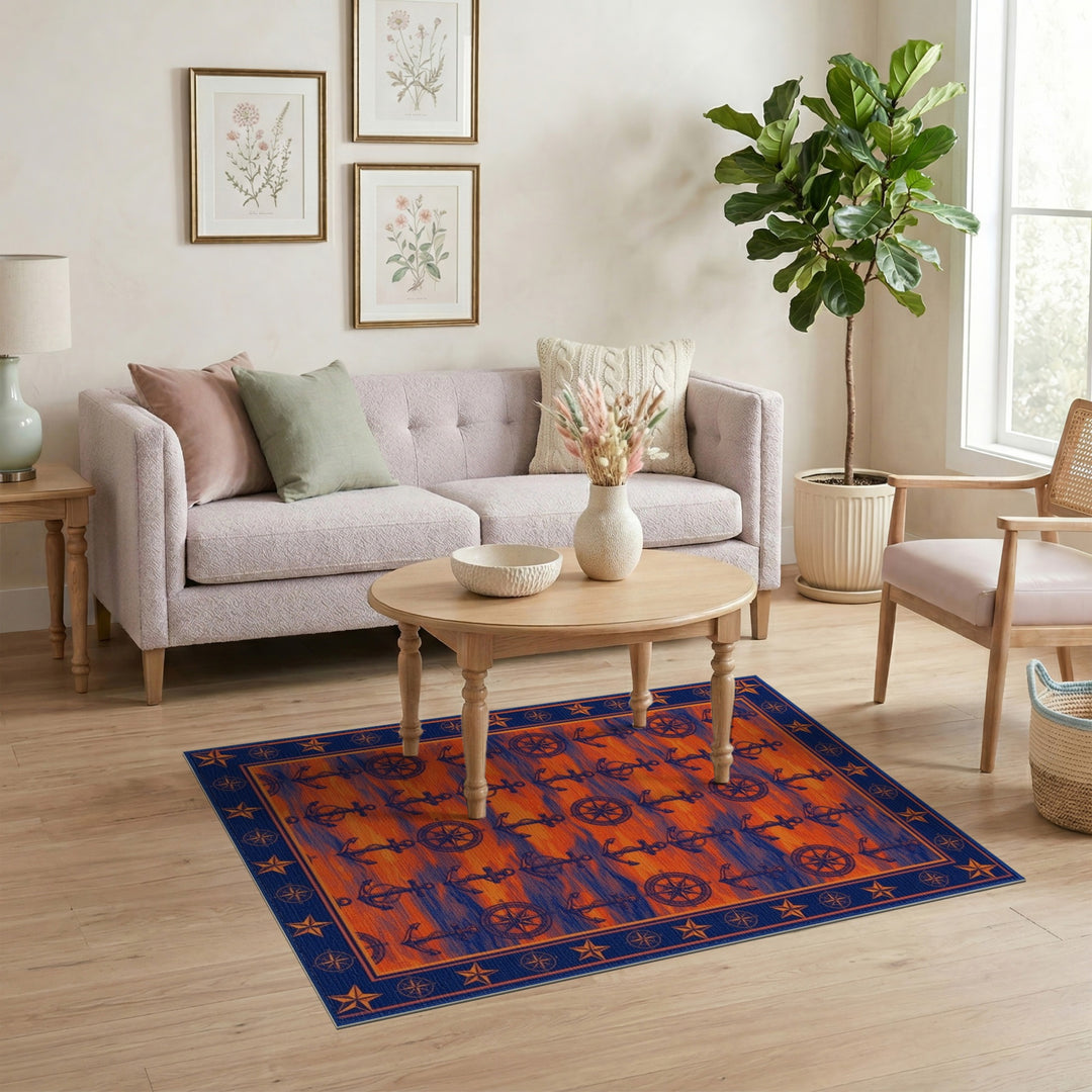 Orange Nautical Anchor Compass Area Rug