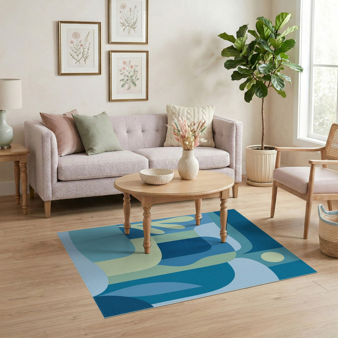 Blue Teal Abstract Washable Area Rug
