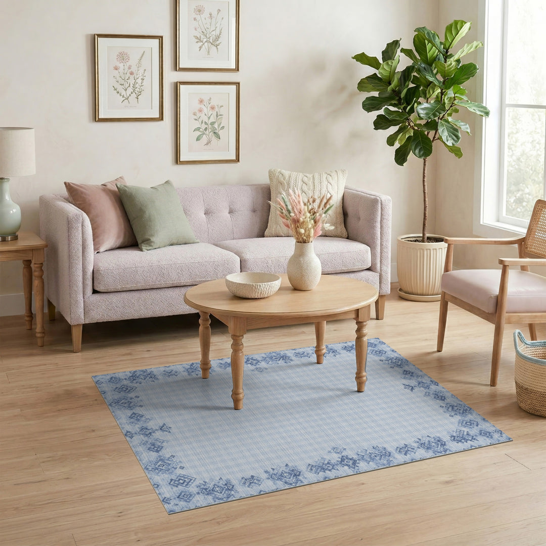 Blue Gingham Tribal Border Area Rug