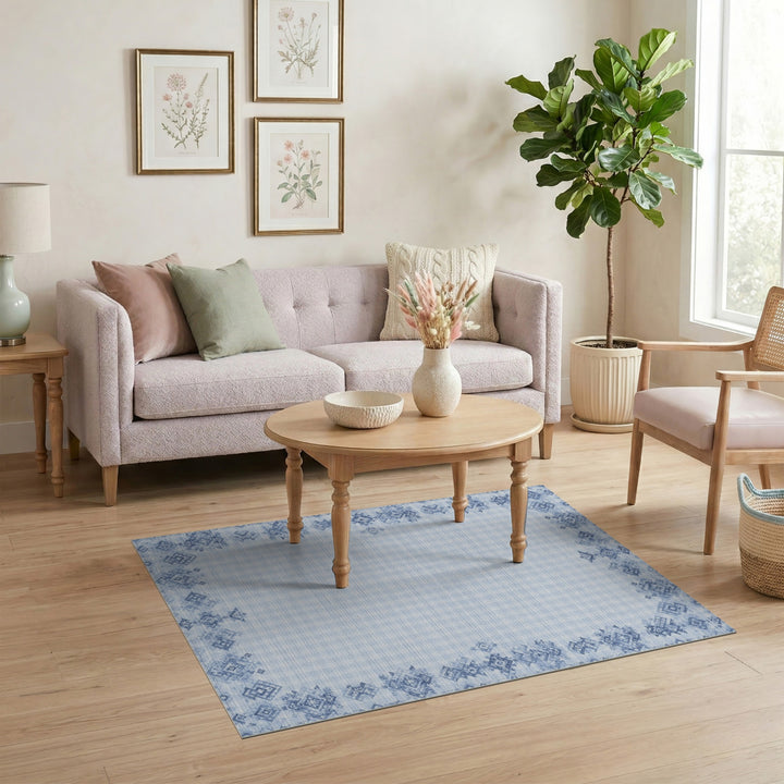 Blue Gingham Tribal Border Area Rug