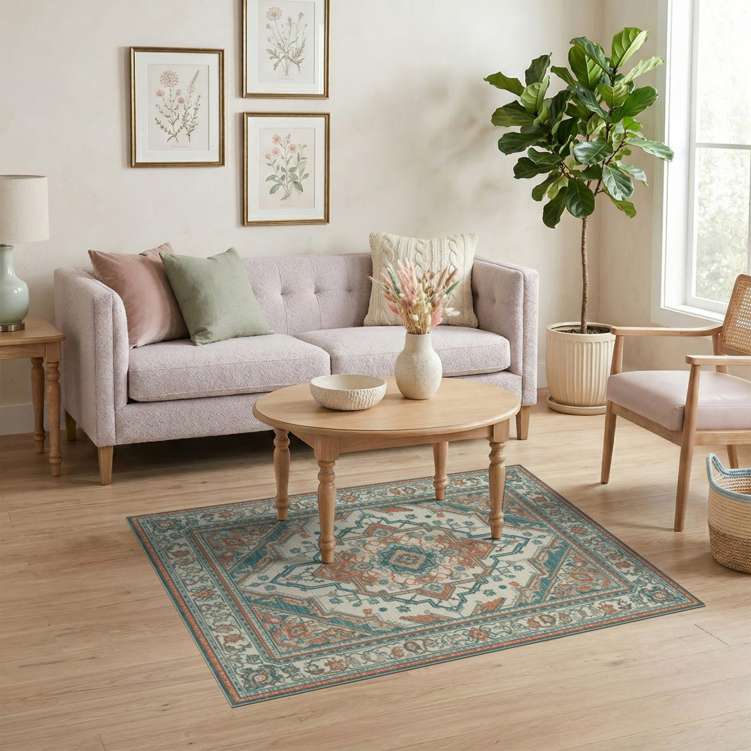 Blue Teal Persian Medallion Area Rug