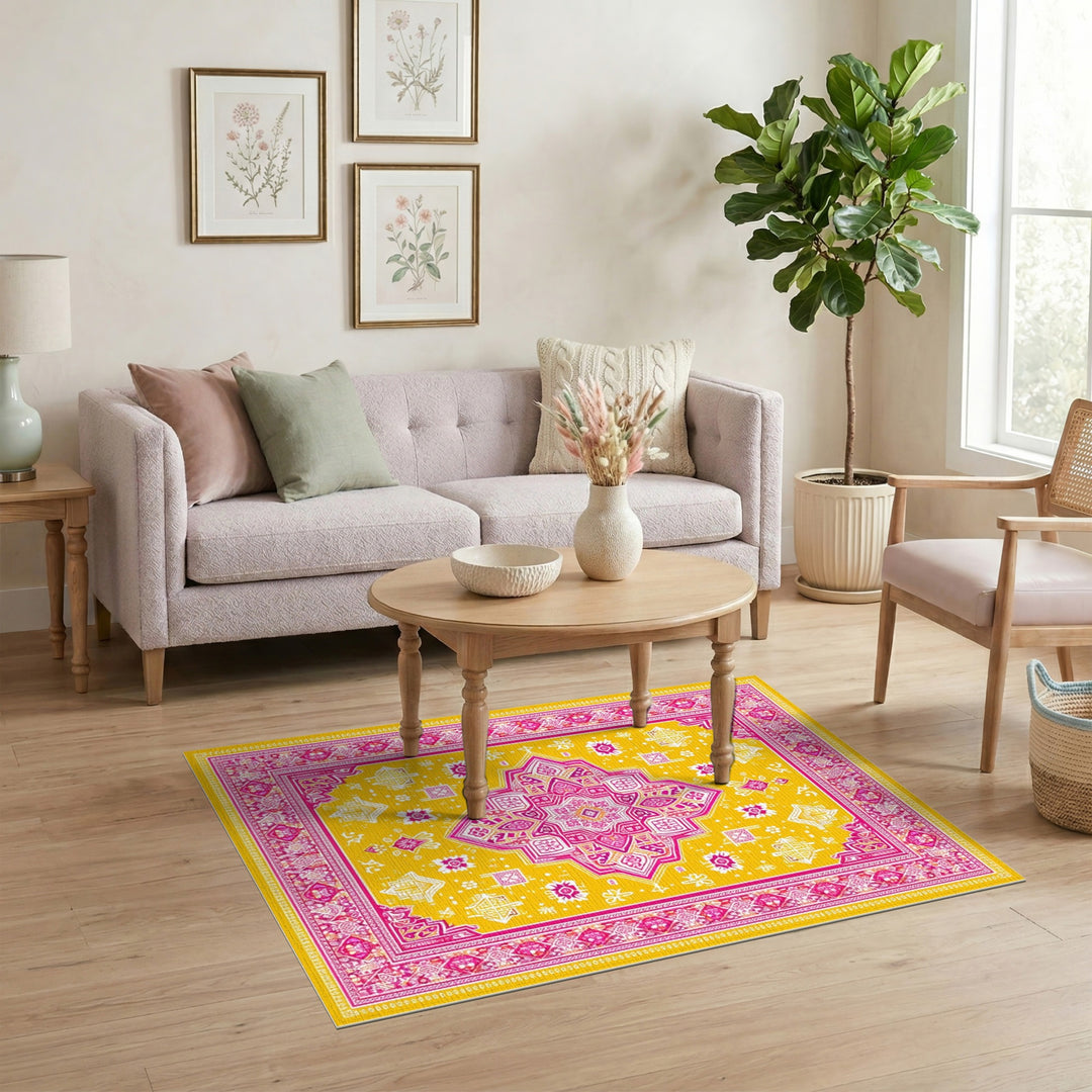 Yellow Pink Geometric Medallion Area Rug