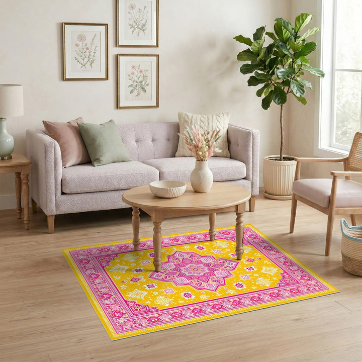 Yellow Pink Geometric Medallion Area Rug