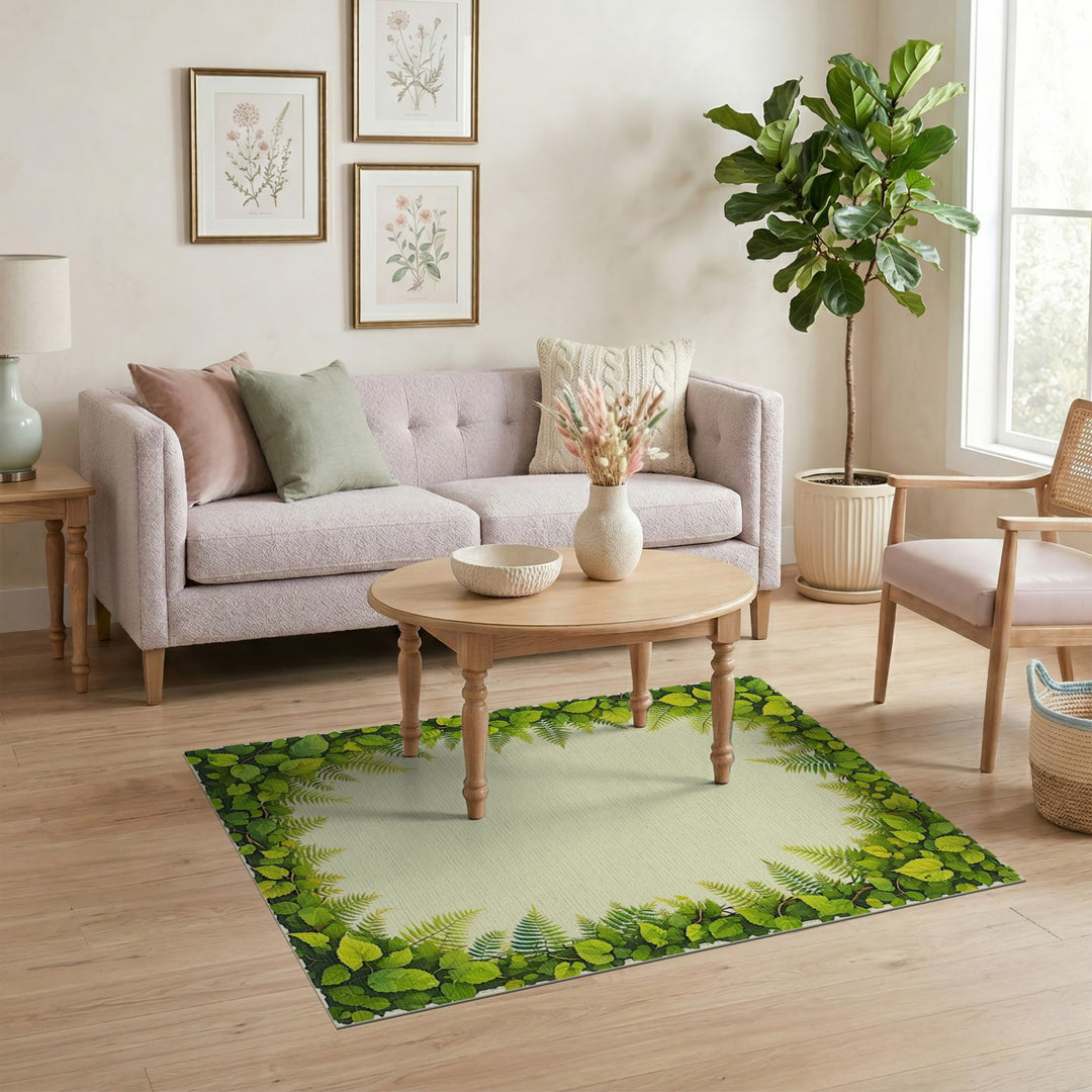 Lush Green Fern Leaf Border Area Rug