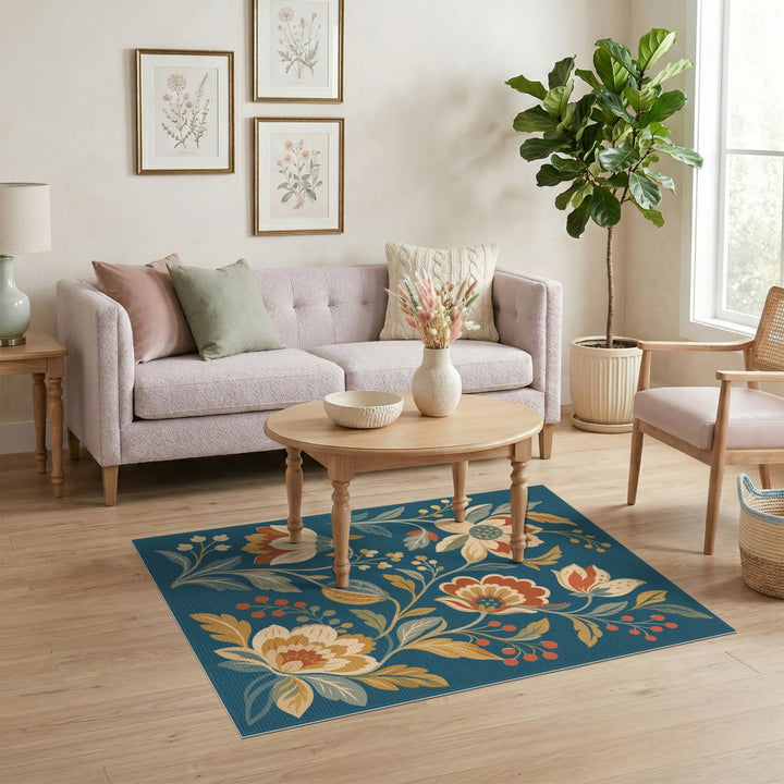 Vintage Floral Teal Washable Area Rug