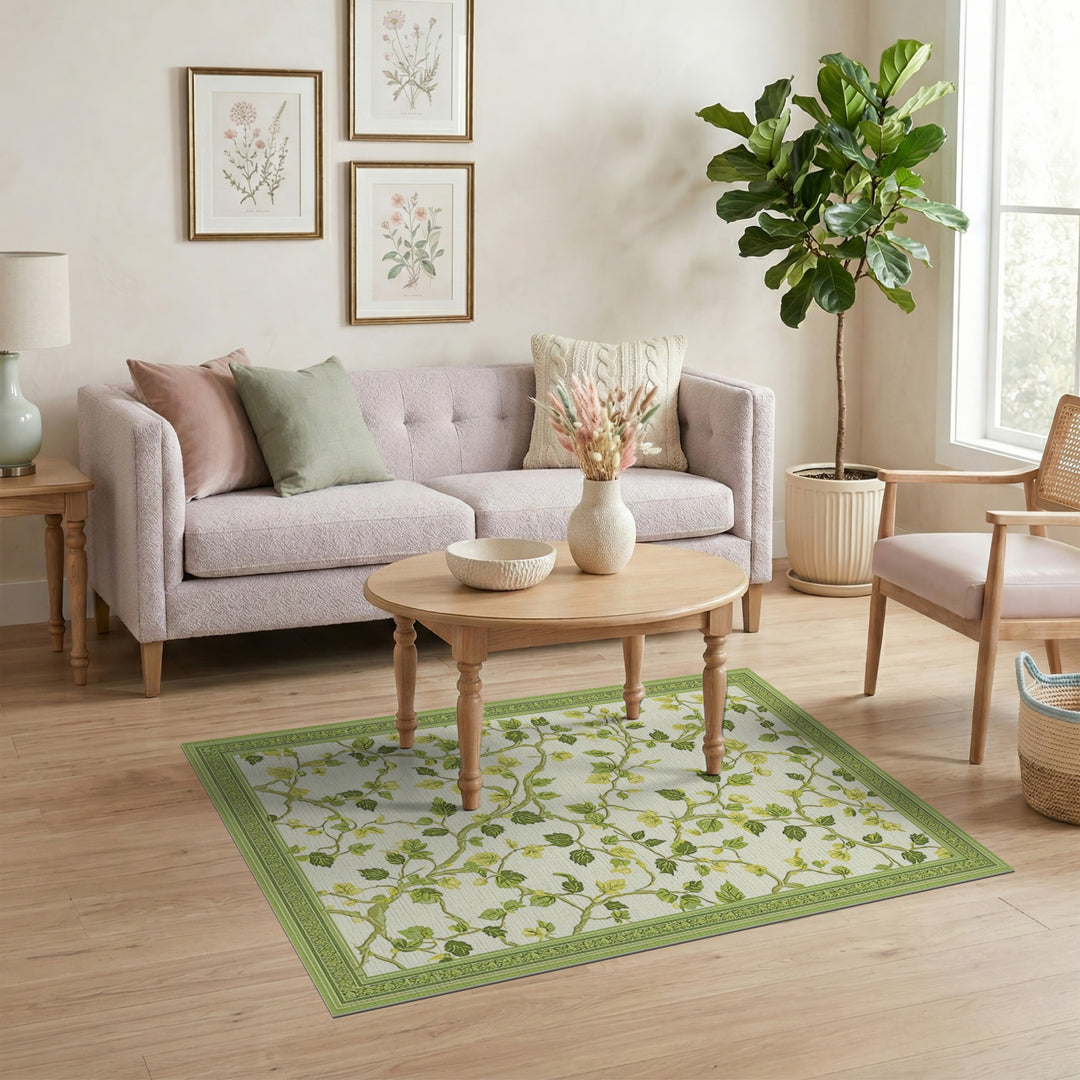 Green Vine Floral Washable Area Rug