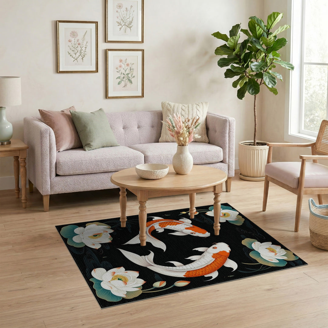 Orange Koi Lotus Black Area Rug