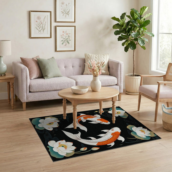 Orange Koi Lotus Black Area Rug