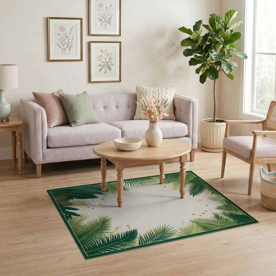 Boho Chic Green Palm Leaf Area Rug with Gold Accents