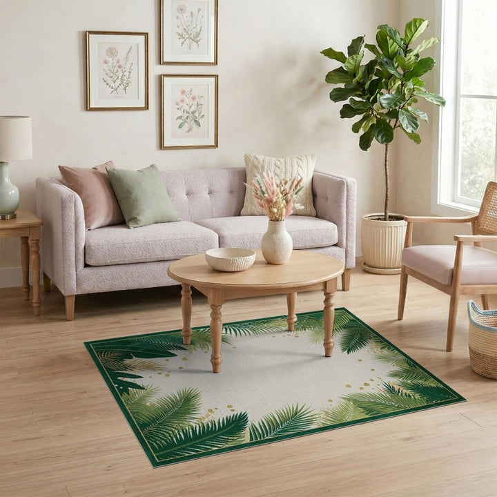 Boho Chic Green Palm Leaf Area Rug with Gold Accents