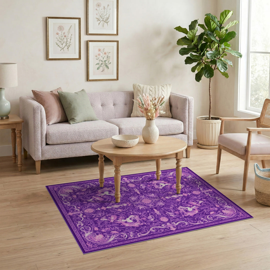 Purple Floral Unicorn Washable Area Rug