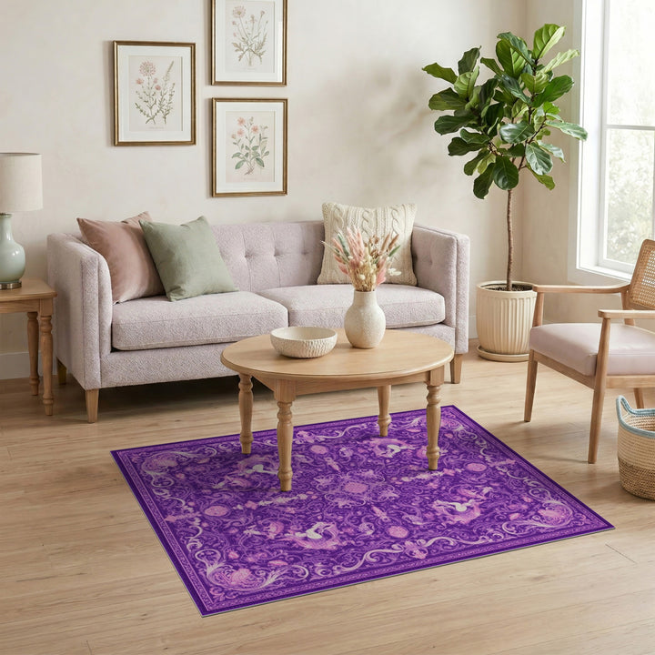 Purple Floral Unicorn Washable Area Rug