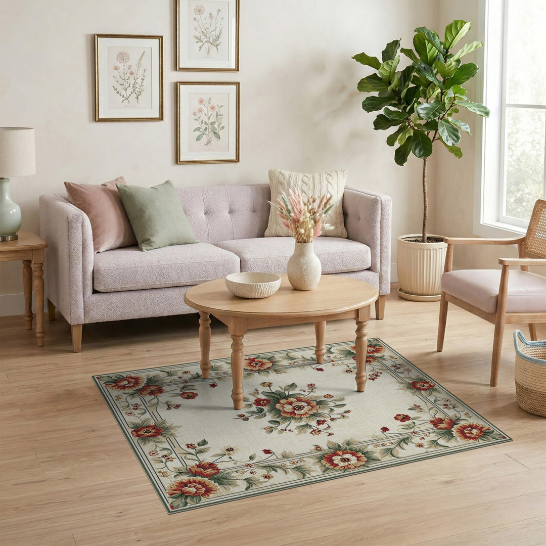 Vintage Floral Beige Area Rug with Red Peonies