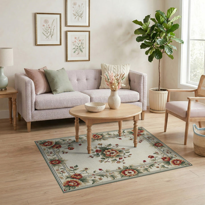 Vintage Floral Beige Area Rug with Red Peonies