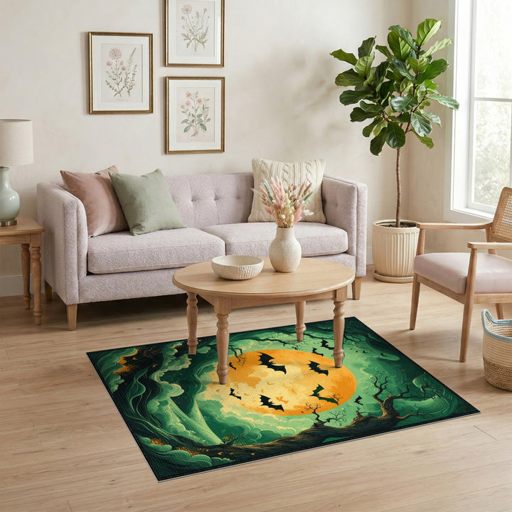 Bats Over Glowing Moon Green Area Rug